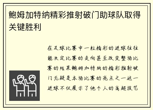 鲍姆加特纳精彩推射破门助球队取得关键胜利