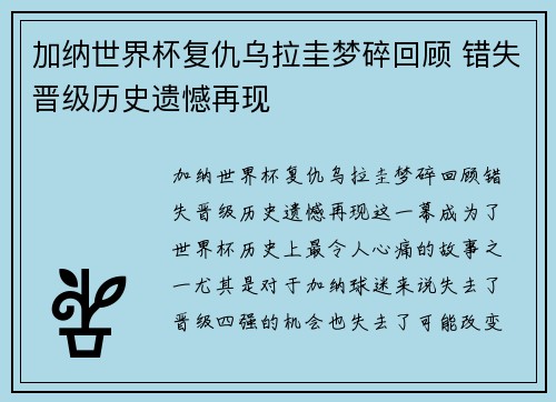 加纳世界杯复仇乌拉圭梦碎回顾 错失晋级历史遗憾再现