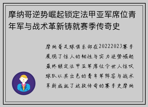 摩纳哥逆势崛起锁定法甲亚军席位青年军与战术革新铸就赛季传奇史